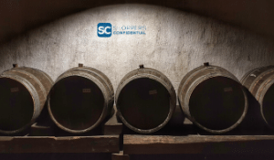 Barrels in a cellar with Shoppers Confidential Logo