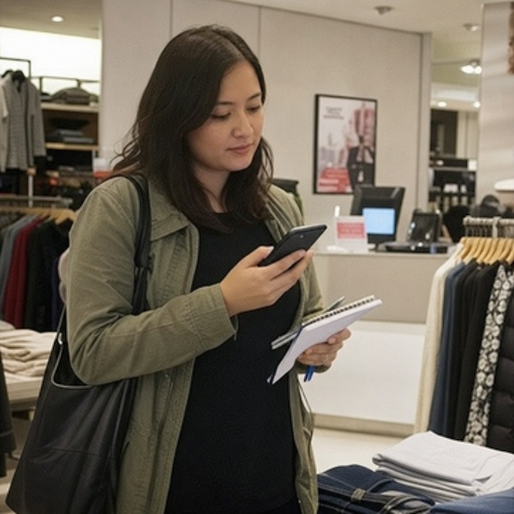 A shopper reporting on a phone call mystery shop A photo of a mystery shopper engaging with their phone,
